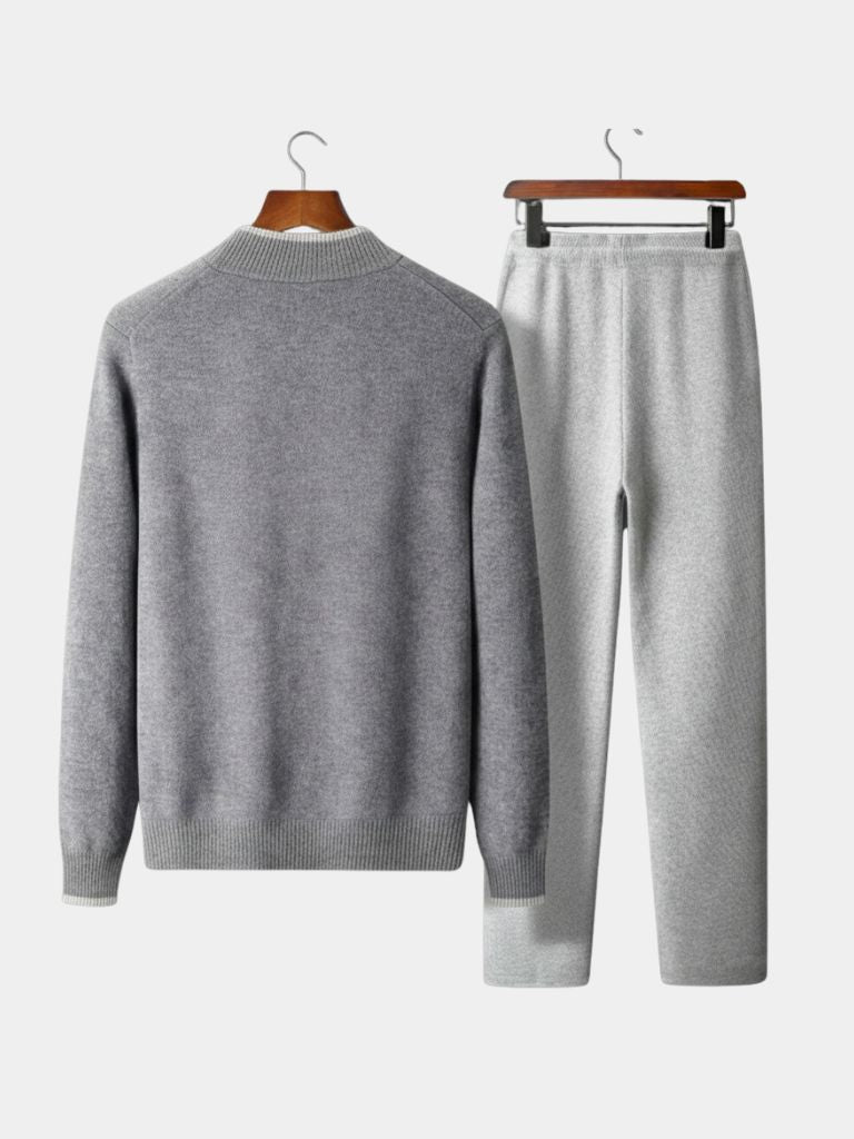 Back view of the gray cashmere zip cardigan and pants, flat lay