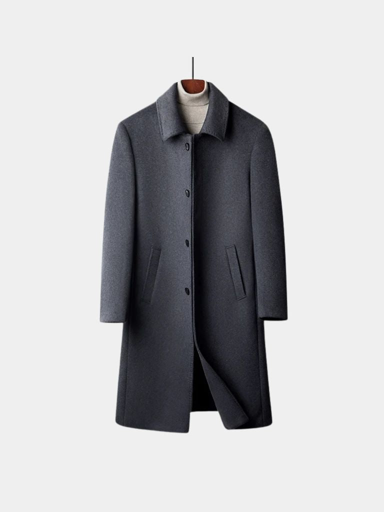 Gray Monarch single-breasted wool overcoat on a hanger, buttoned