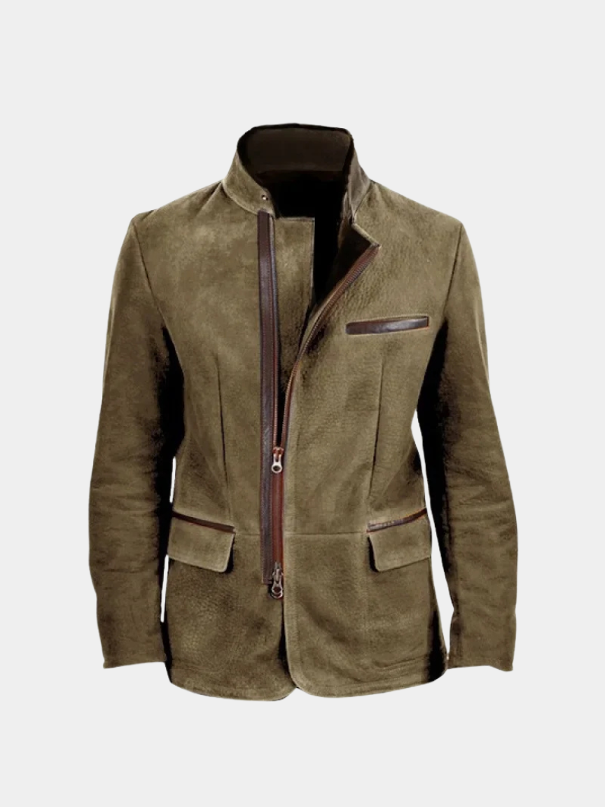 Khaki suede field jacket, front view on a hanger