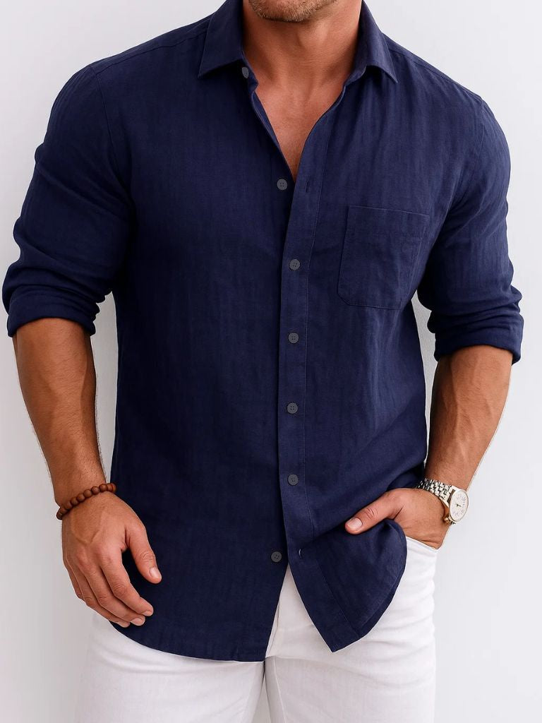 Close-up of navy linen shirt open collar