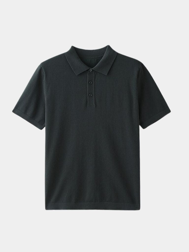 Dark green knit polo shirt, front view