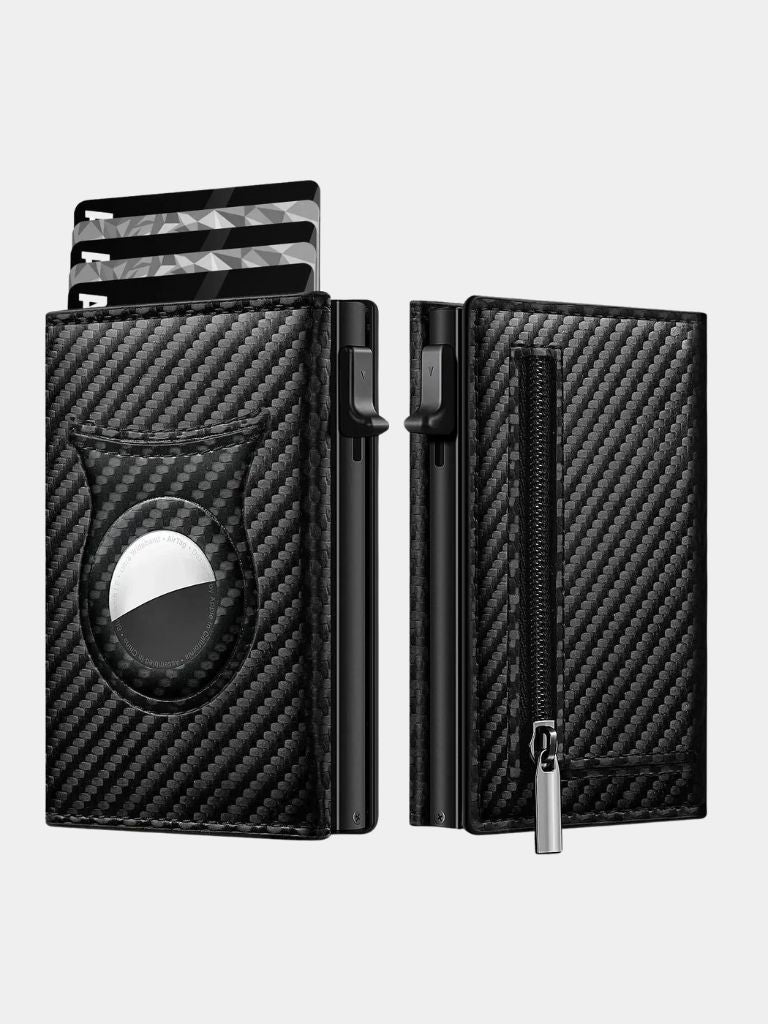 Black carbon fiber wallet with cards and AirTag holder next to a zippered pocket wallet