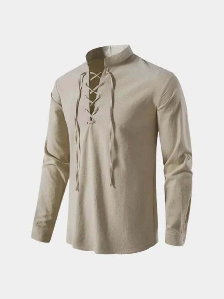 Beige lace-up shirt with stand collar, front view
