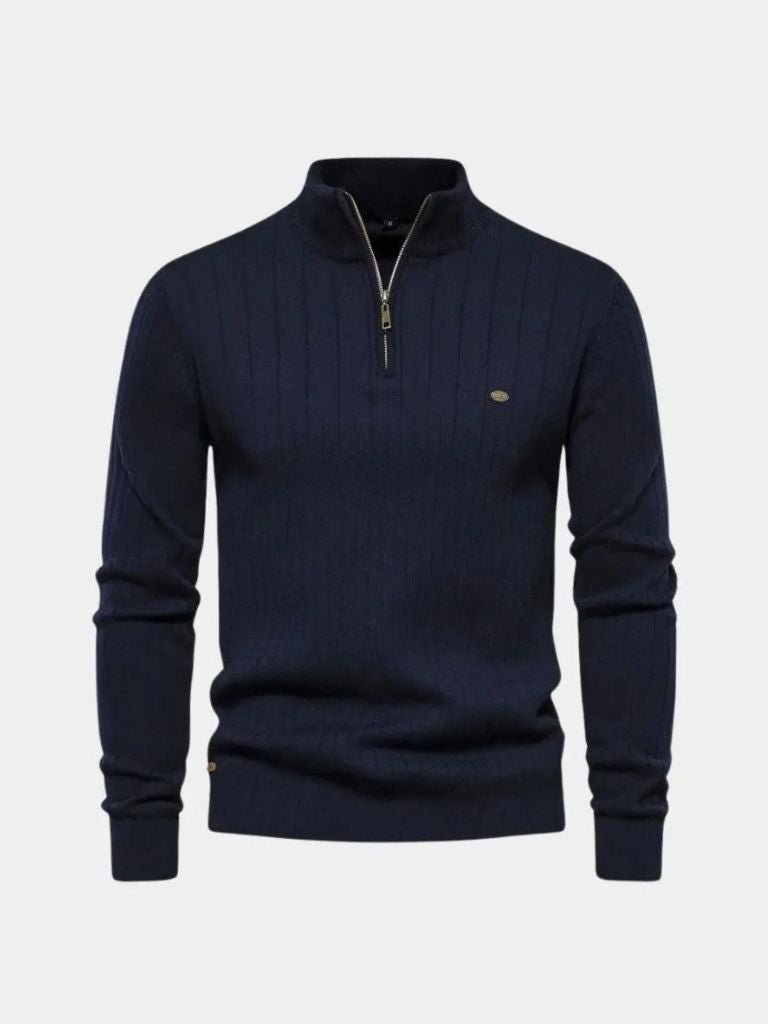 Cotton Knit Vertical Stripes Quarter - Zip Sweater - Cross & Crown - Cross & Crown