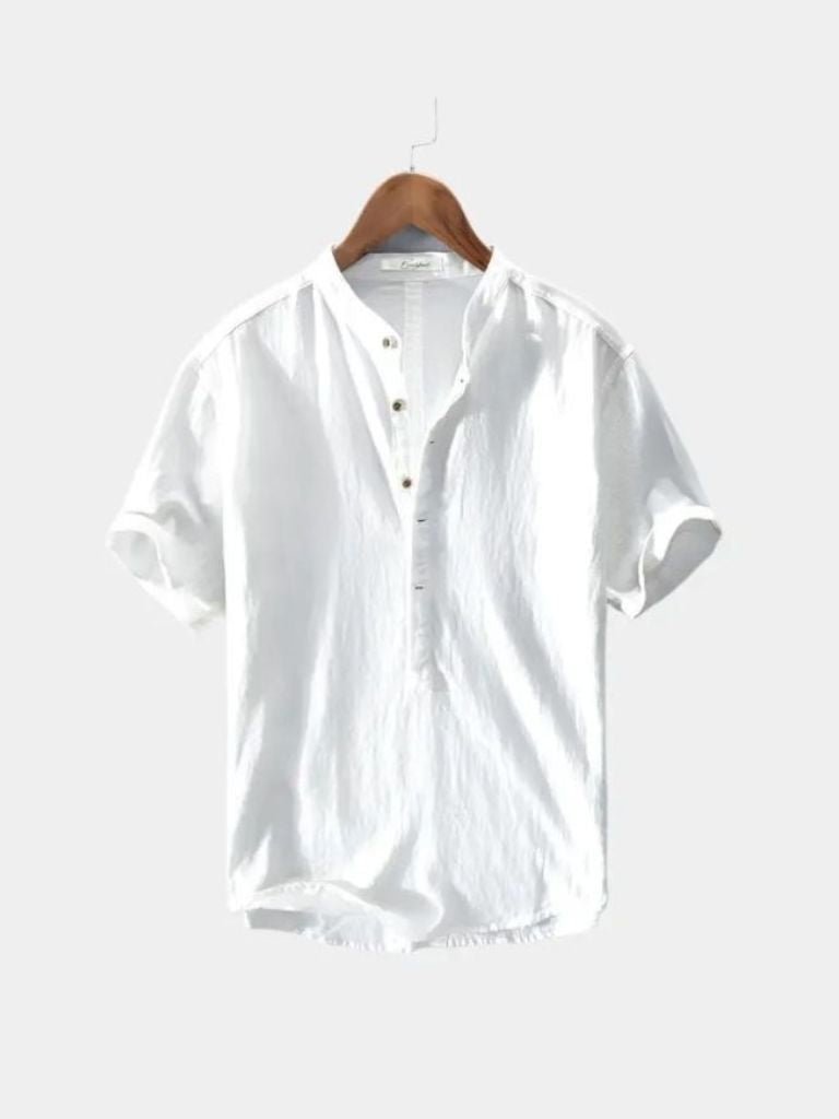 White band-collar linen shirt, flat lay
