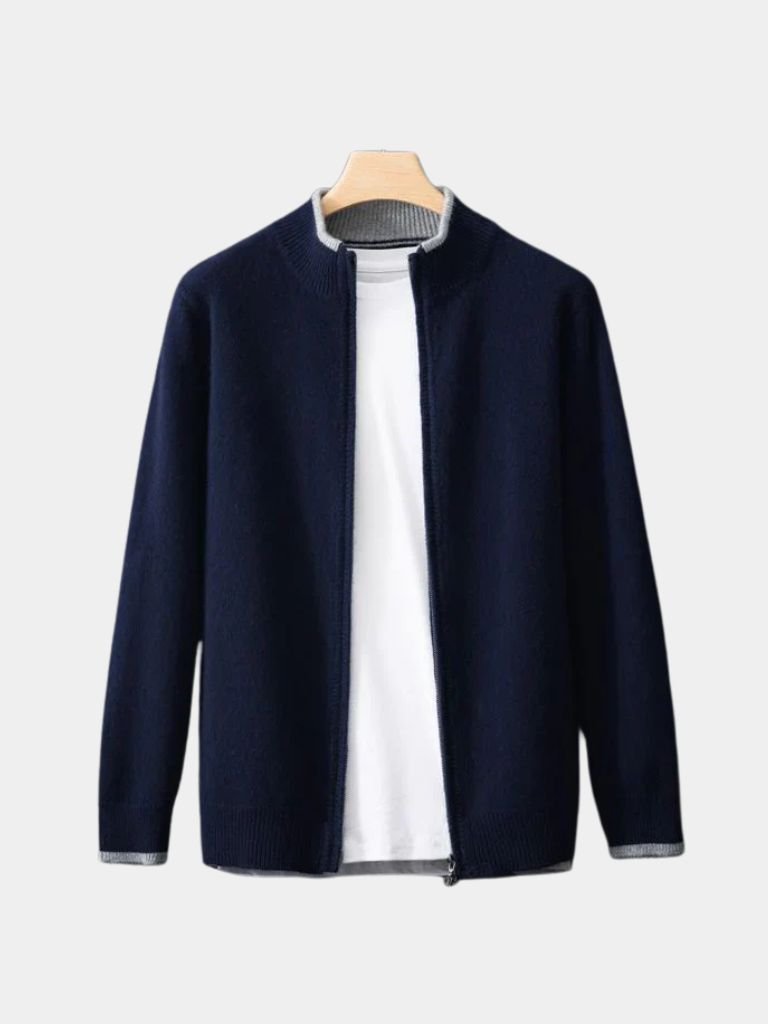 Navy blue zip-front cashmere jacket with contrast trim, flat view