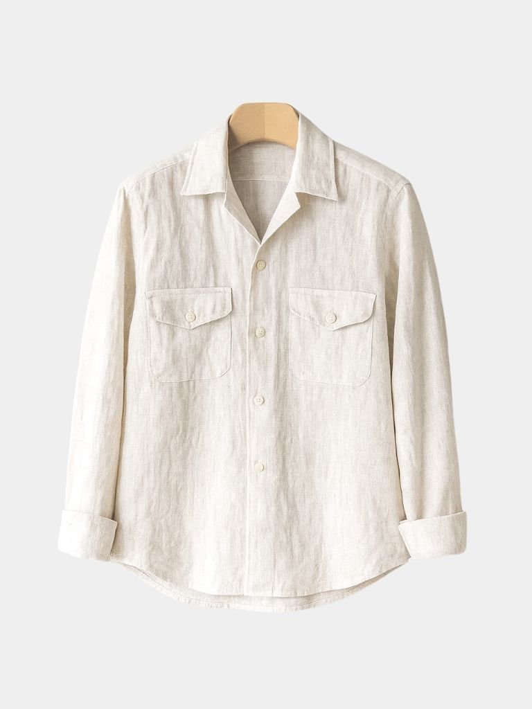 White camp collar shirt on a hanger, front view