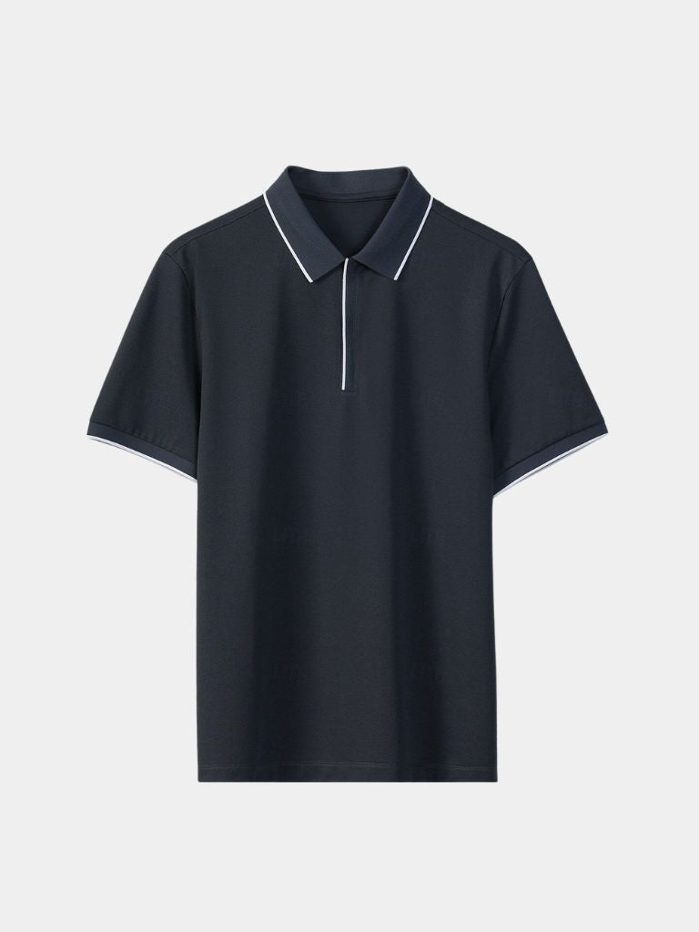 Dark gray polo shirt with zip placket, front view