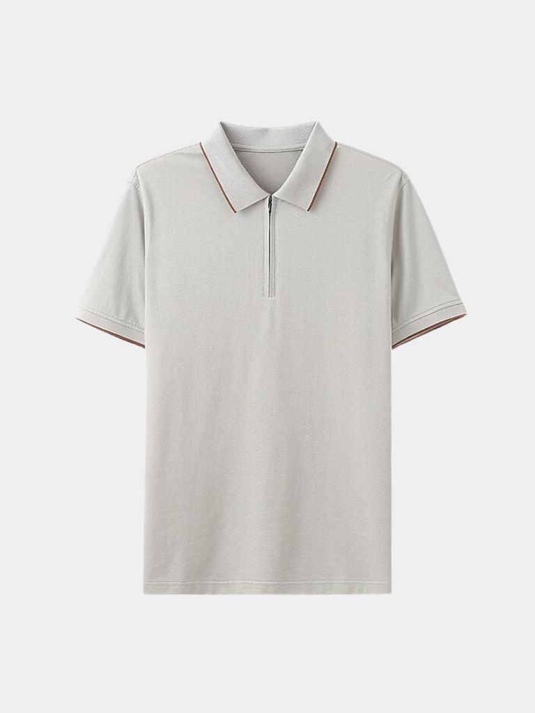 Cream tipped collar quarter zip polo, flat lay front view