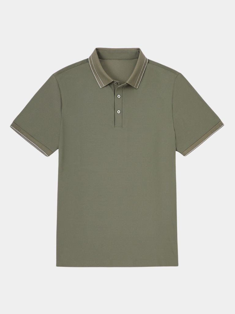 Back view of the black polo shirt in a relaxed fit