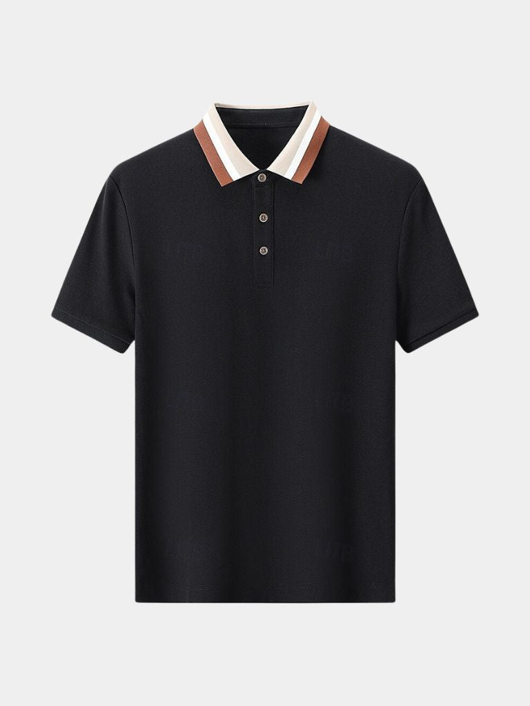 White polo shirt with rugby-stripe collar, front view