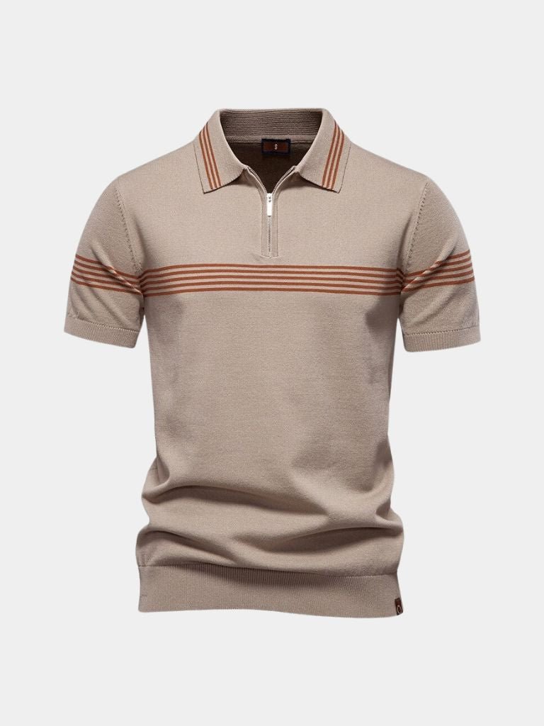 Khaki knit polo with striped chest and zip placket, front view