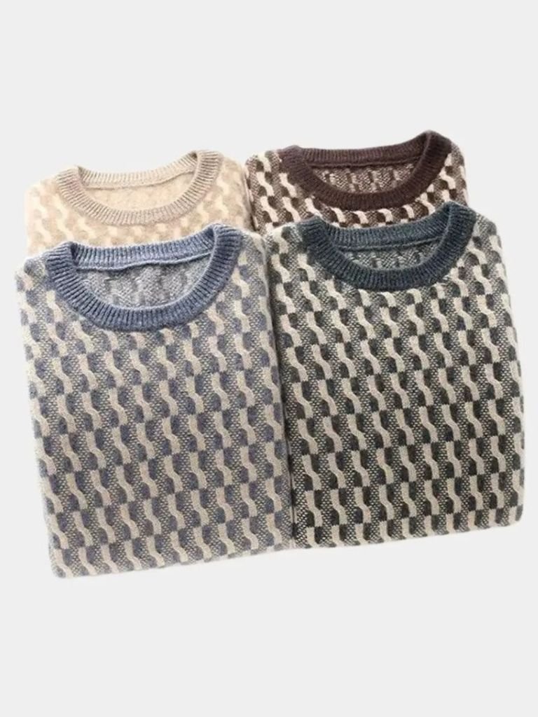 100% Wool Geometric Crew Neck Pullover Sweater - Cross & Crown - Cross & Crown