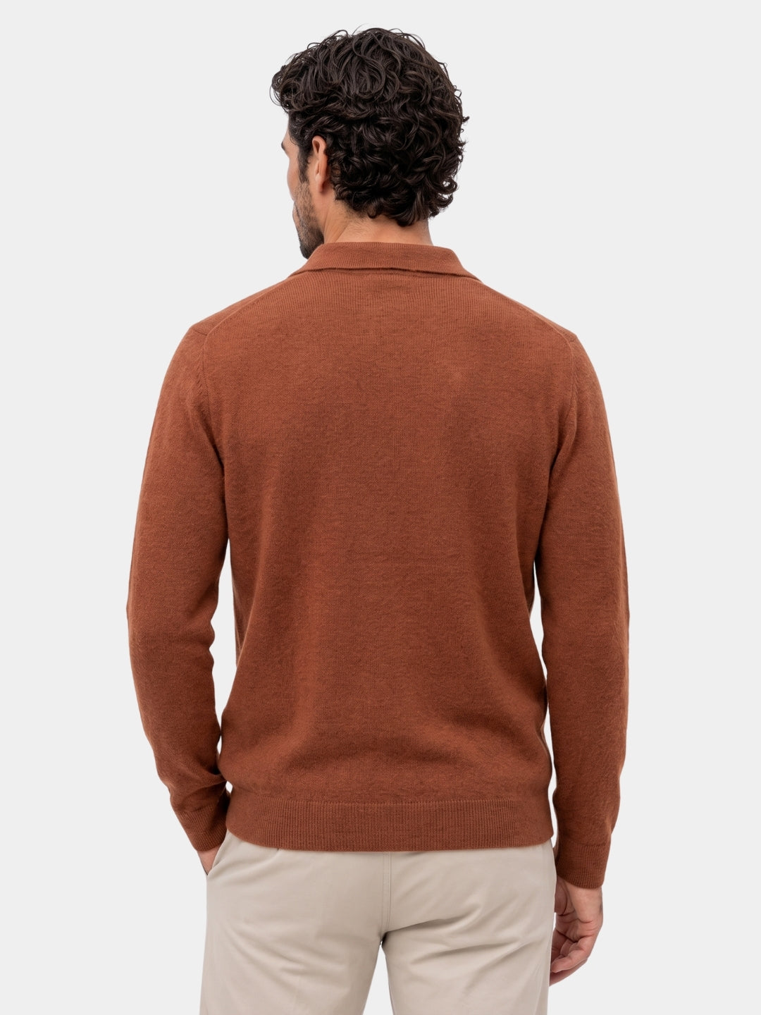 Back view of the rust cashmere polo collar cardigan