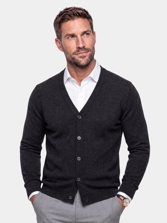 Suéter cardigan de malha de lã merino 100% com decote em V - Cross & Crown
