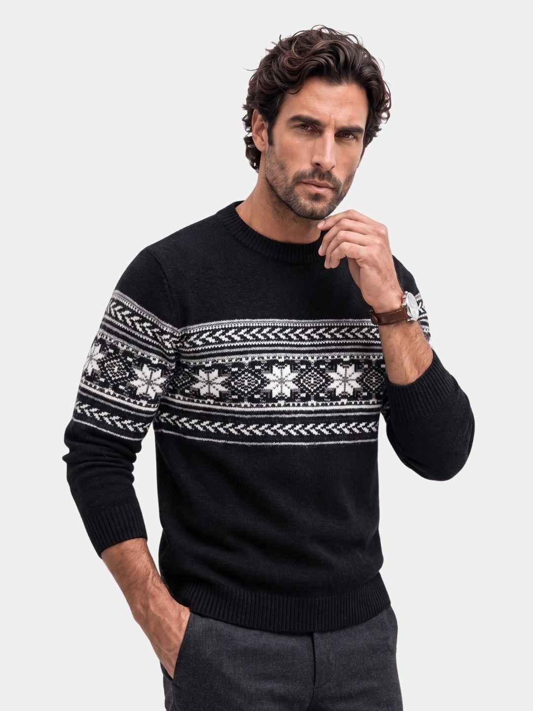 Cross & Crown man wearing a black fair isle wool sweater