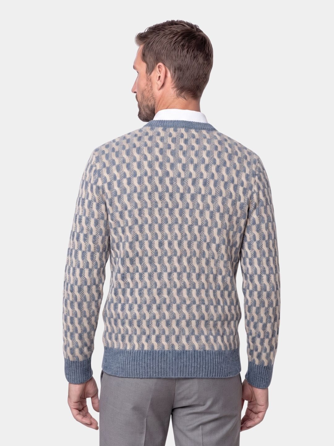 Back view of the gray honeycomb-pattern wool crew neck sweater