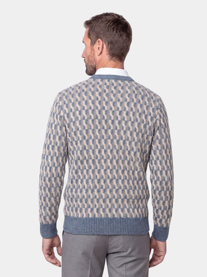 Back view of the gray honeycomb-pattern wool crew neck sweater