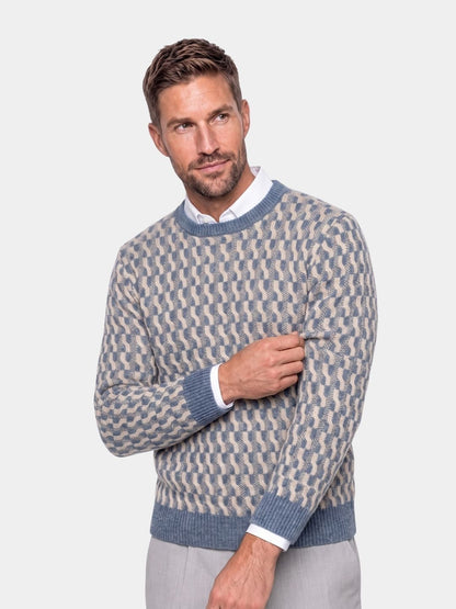 Man wearing a gray honeycomb-pattern wool crew neck sweater