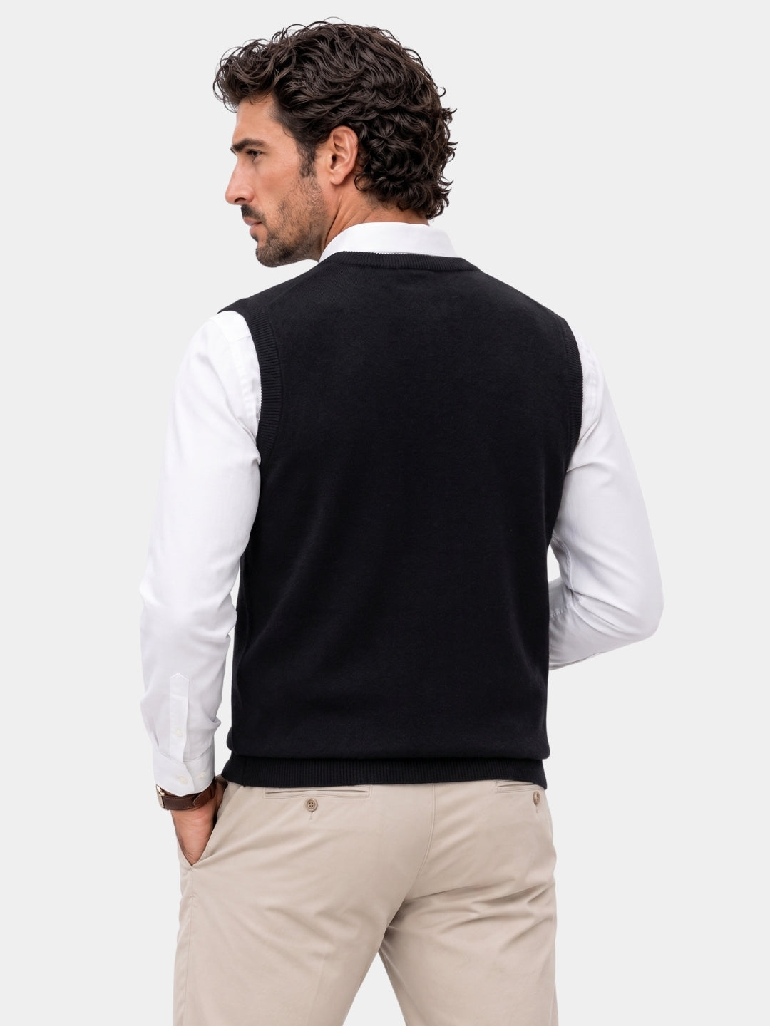 Back view of the black V-neck cashmere knit vest