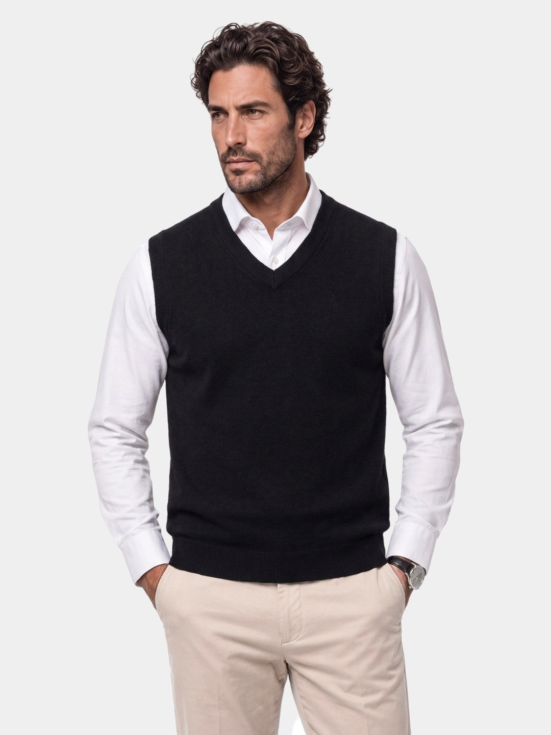 Man wearing Cross & Crown's black cashmere V-neck knit vest