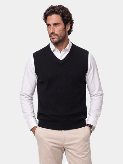 Man wearing Cross & Crown's black cashmere V-neck knit vest