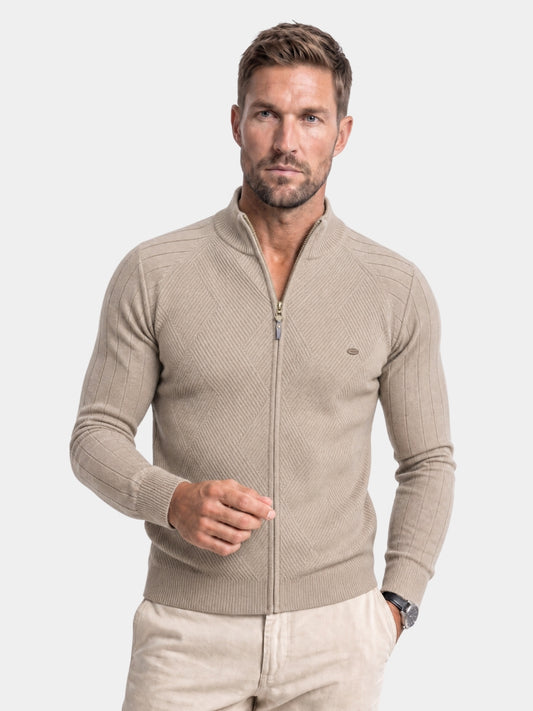 Cardigã de tricô jacquard de cor lisa com zíper - Cross & Crown