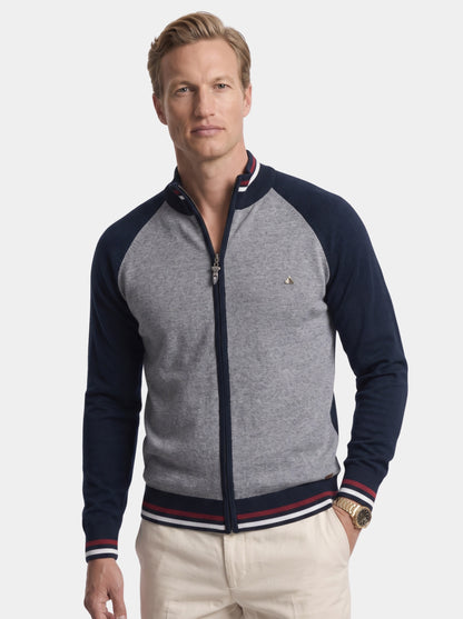 Cárdigan de punto con bloques de color, cuello alto y cremallera - Cross & Crown