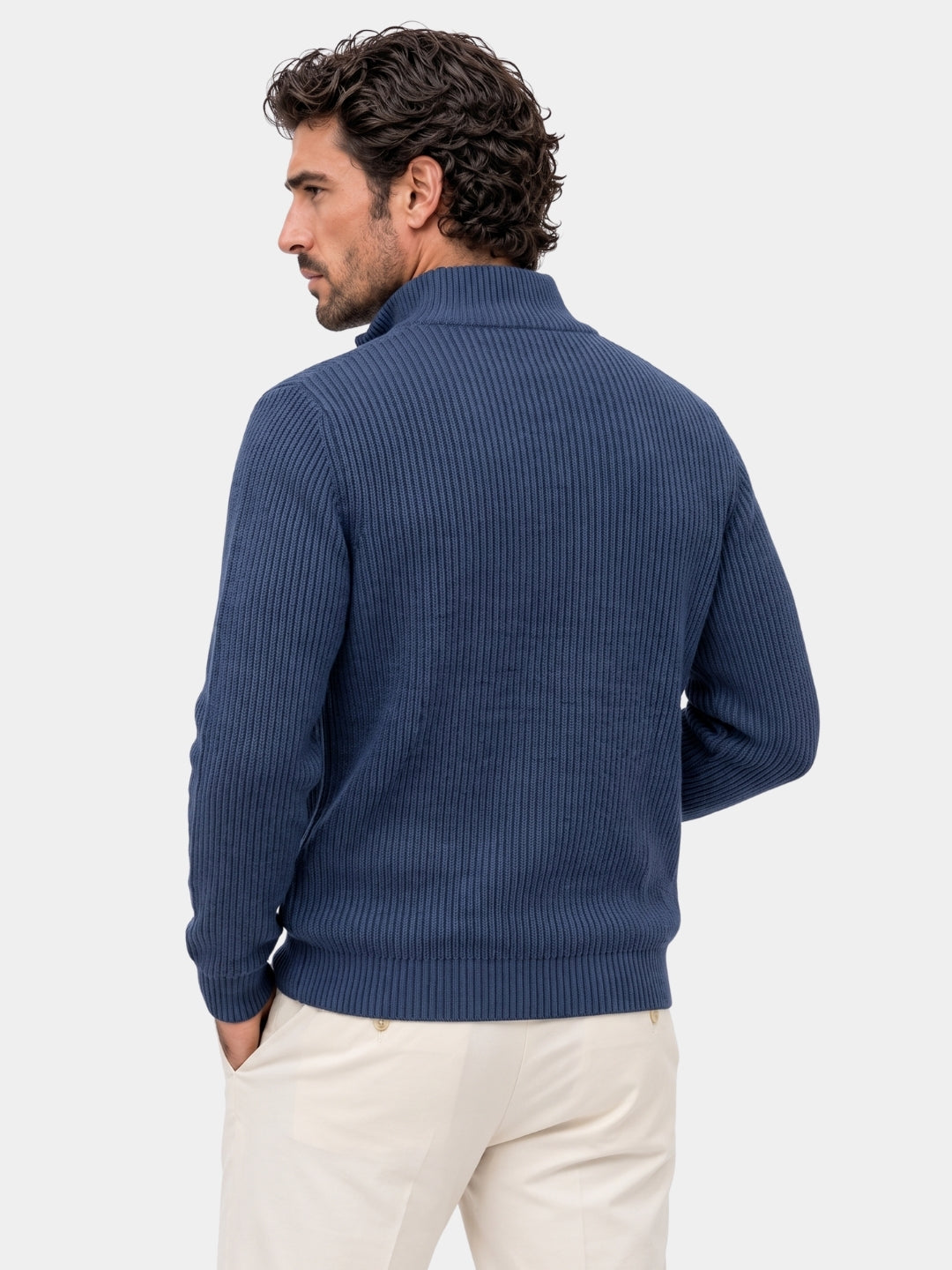 Back view of the blue ribbed wool quarter-zip sweater