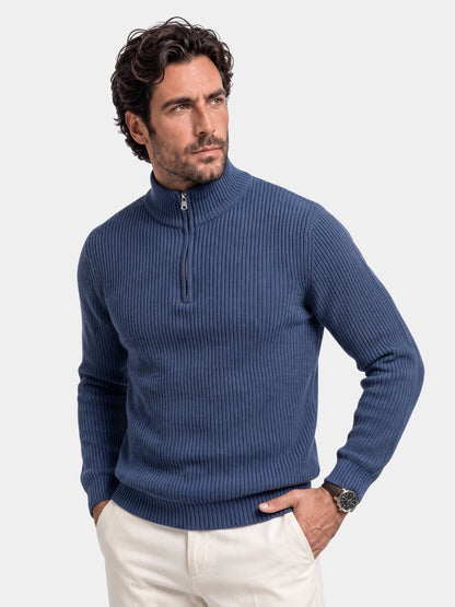 Man wearing blue ribbed wool quarter-zip sweater Cross & Crown