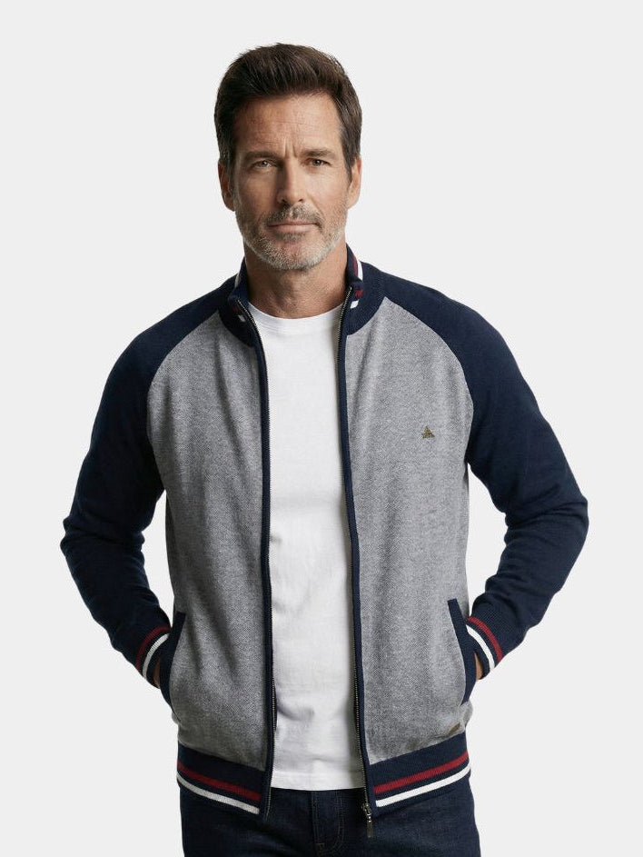 Zipper Color Block Standing Collar Cardigan Sweater - Cross & Crown