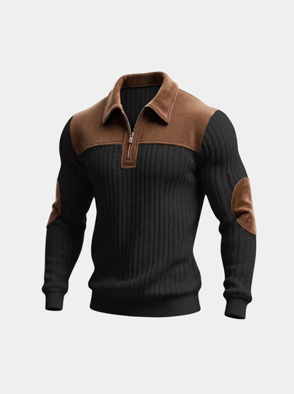 Pullover „Camborne“ mit Ellbogenpatches und Viertelreißverschluss – Cross & Crown