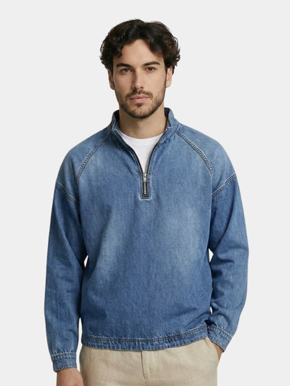 Stonewash Denim Quarter Zip Jacket - Cross & Crown