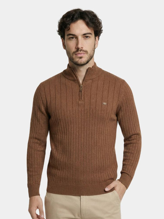 Cotton Knit Vertical Stripes Quarter-Zip Sweater - Cross & Crown