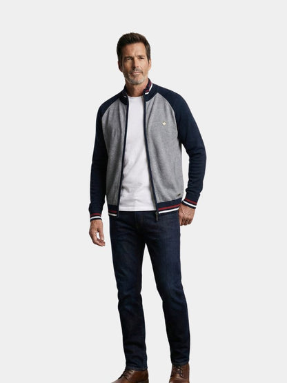 Zipper Color Block Standing Collar Cardigan Sweater - Cross & Crown