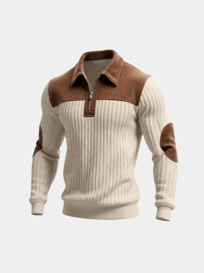 Pullover „Camborne“ mit Ellbogenpatches und Viertelreißverschluss – Cross & Crown