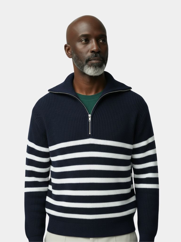 Casual Striped Zip Up Sweater - Cross & Crown