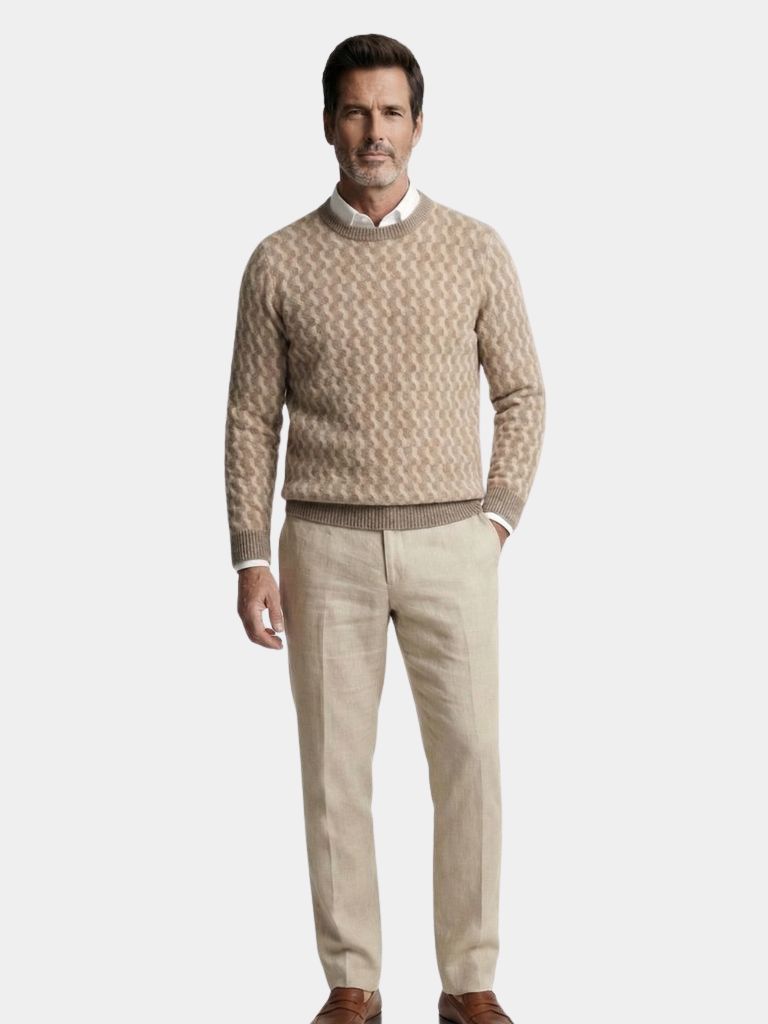 100% Wool Geometric Crew Neck Pullover Sweater - Cross & Crown