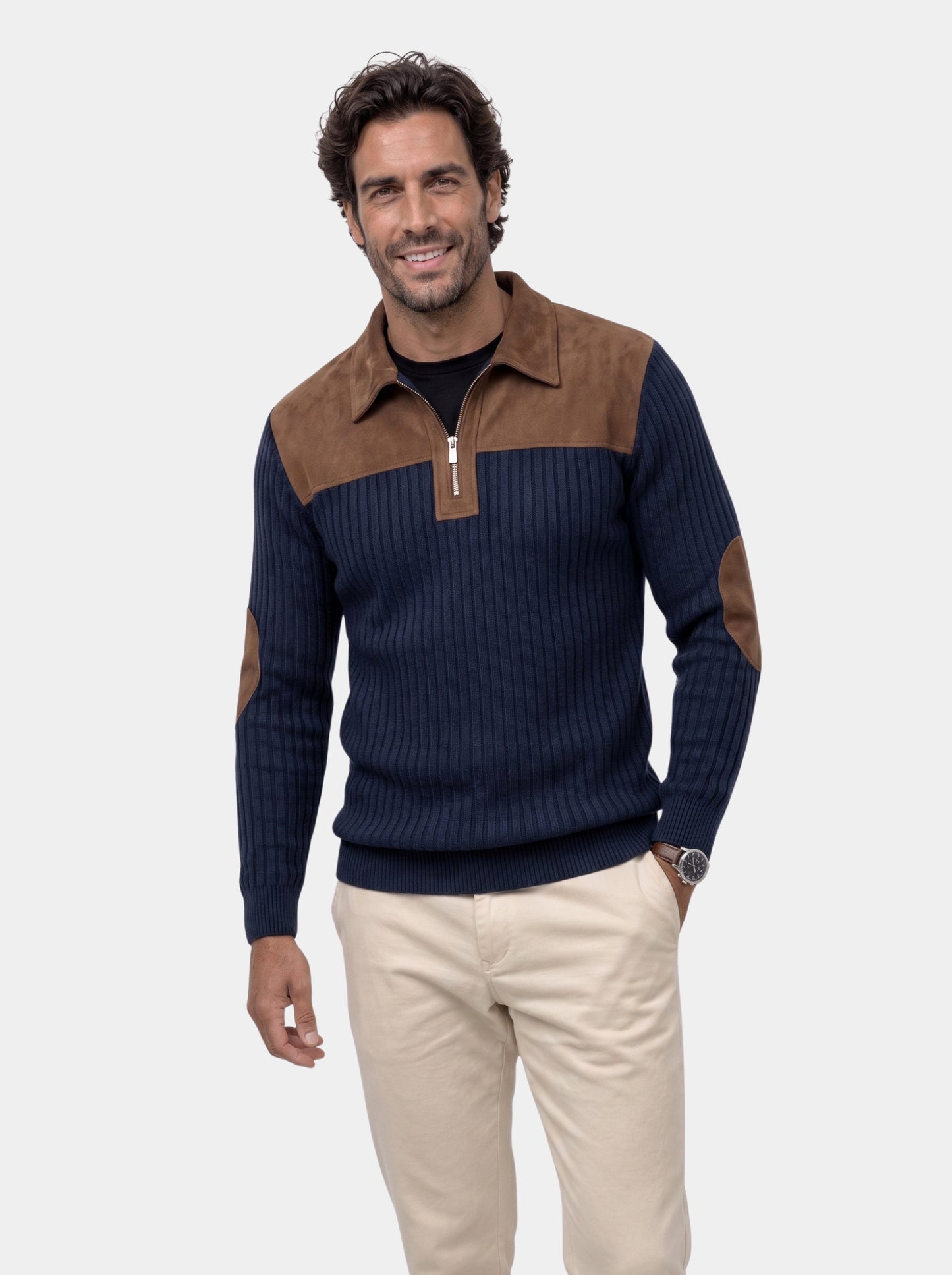 Pullover „Camborne“ mit Ellbogenpatches und Viertelreißverschluss – Cross & Crown