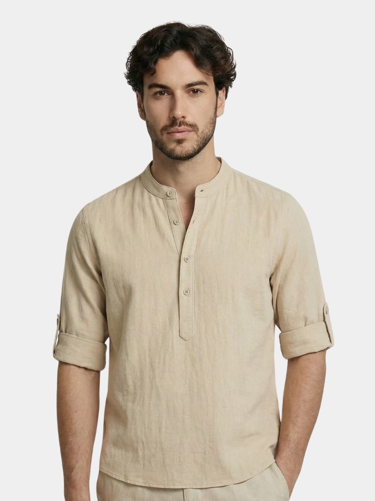 Casual Henry Neck Long Sleeve T-Shirt - Cross & Crown - Cross & Crown