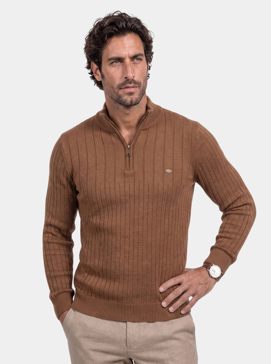 Suéter de algodón de punto con rayas verticales y cremallera de un cuarto - Cross & Crown