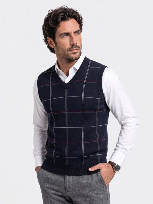 Colete de tricô xadrez estilo acadêmico - Cross & Crown