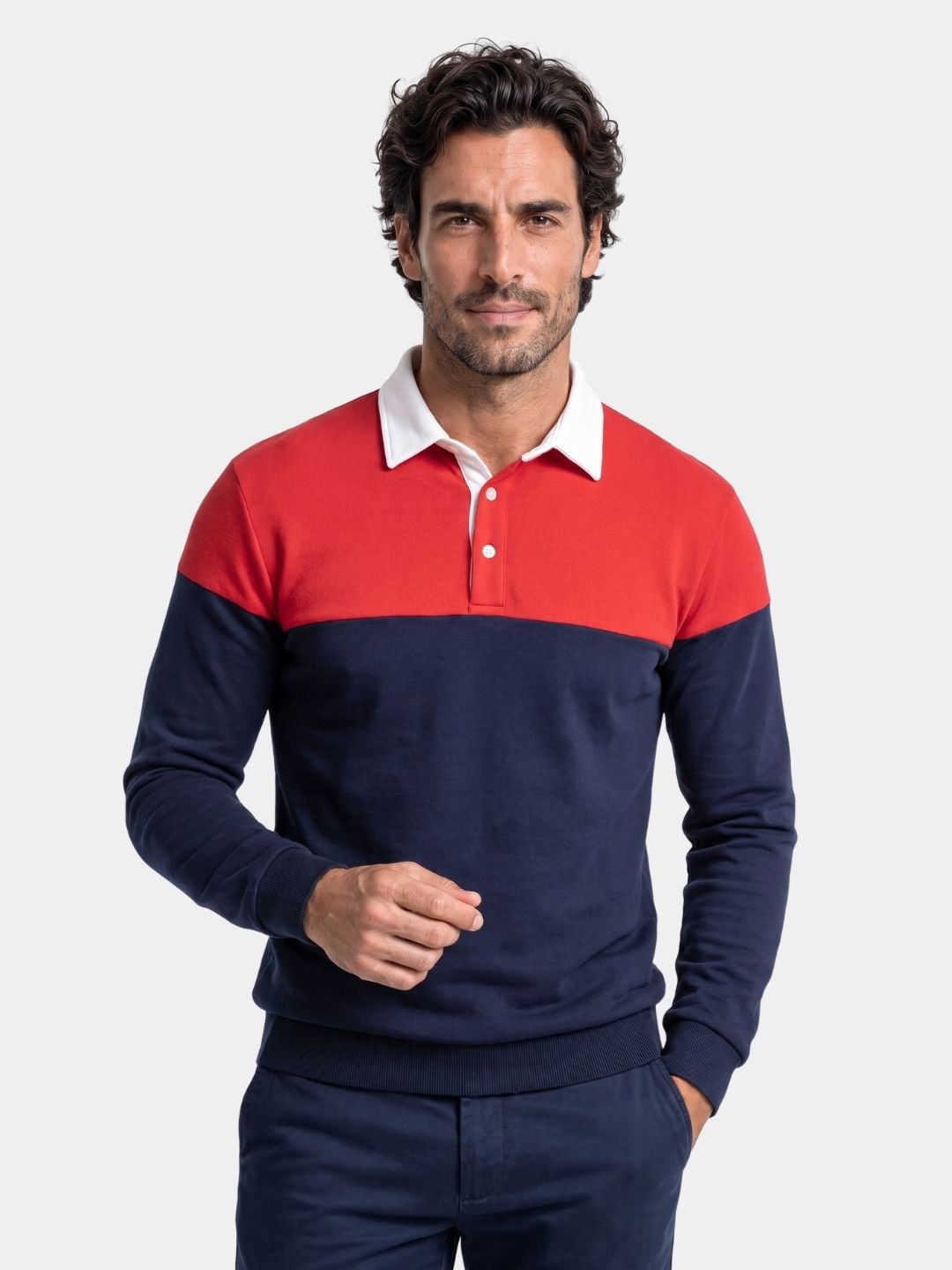 Cross & Crown colorblock rugby polo in red and navy, worn with matching pants