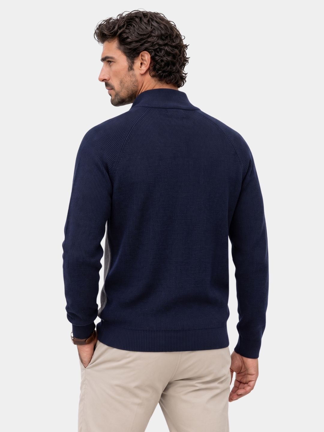 Back view of the navy waffle-knit quarter-zip pullover
