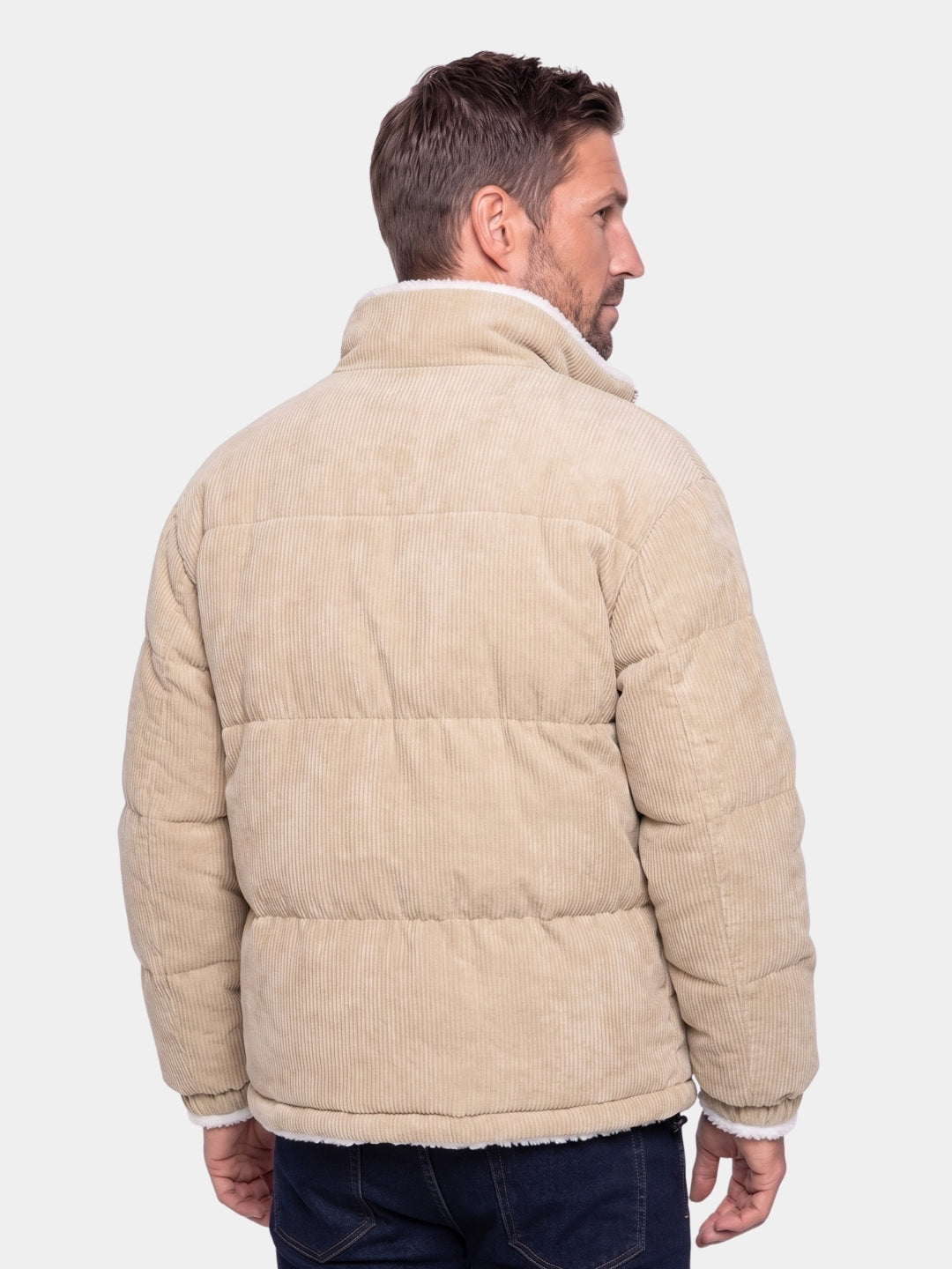 Back view of the beige corduroy puffer jacket