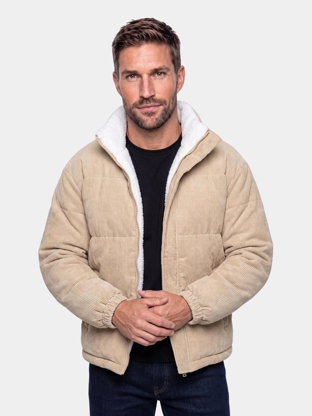 Man wearing beige corduroy puffer jacket Cross & Crown
