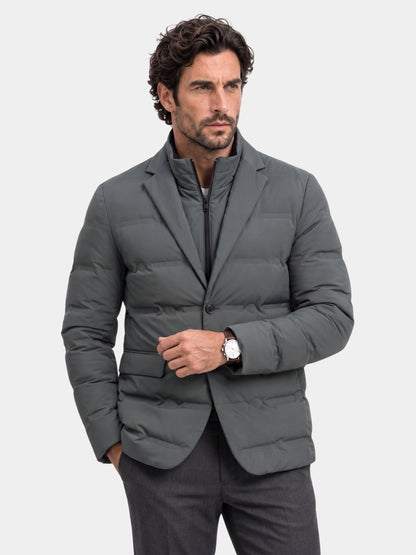 Man wearing a gray quilted puffer blazer jacket, Cross & Crown