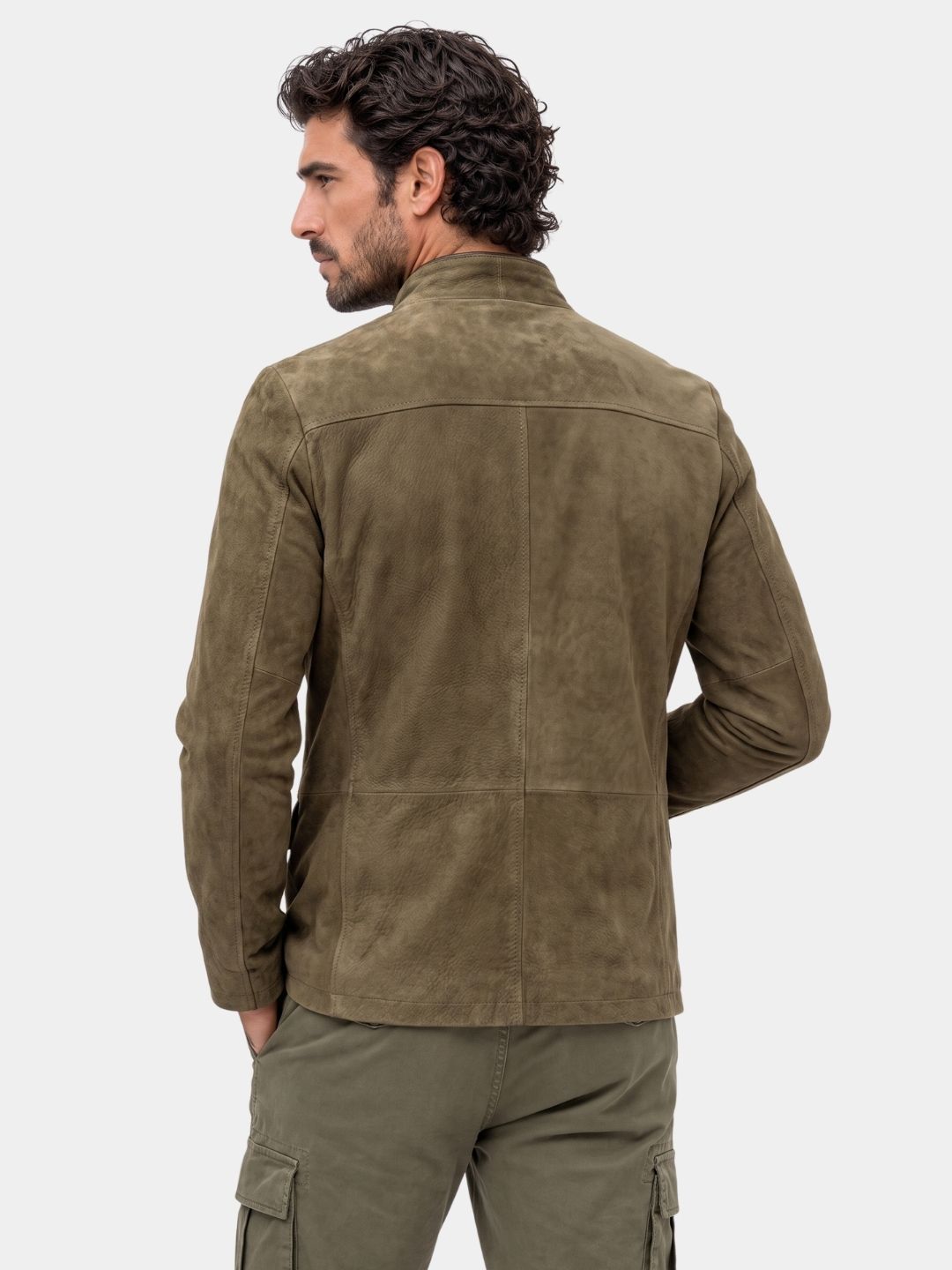 Back view of the khaki suede field jacket
