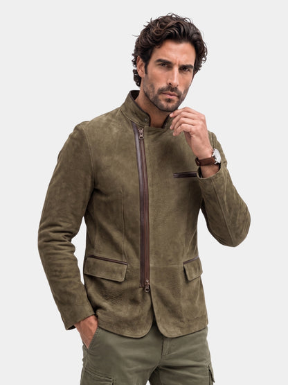 Man wearing the khaki suede field jacket with a contrast zip trim