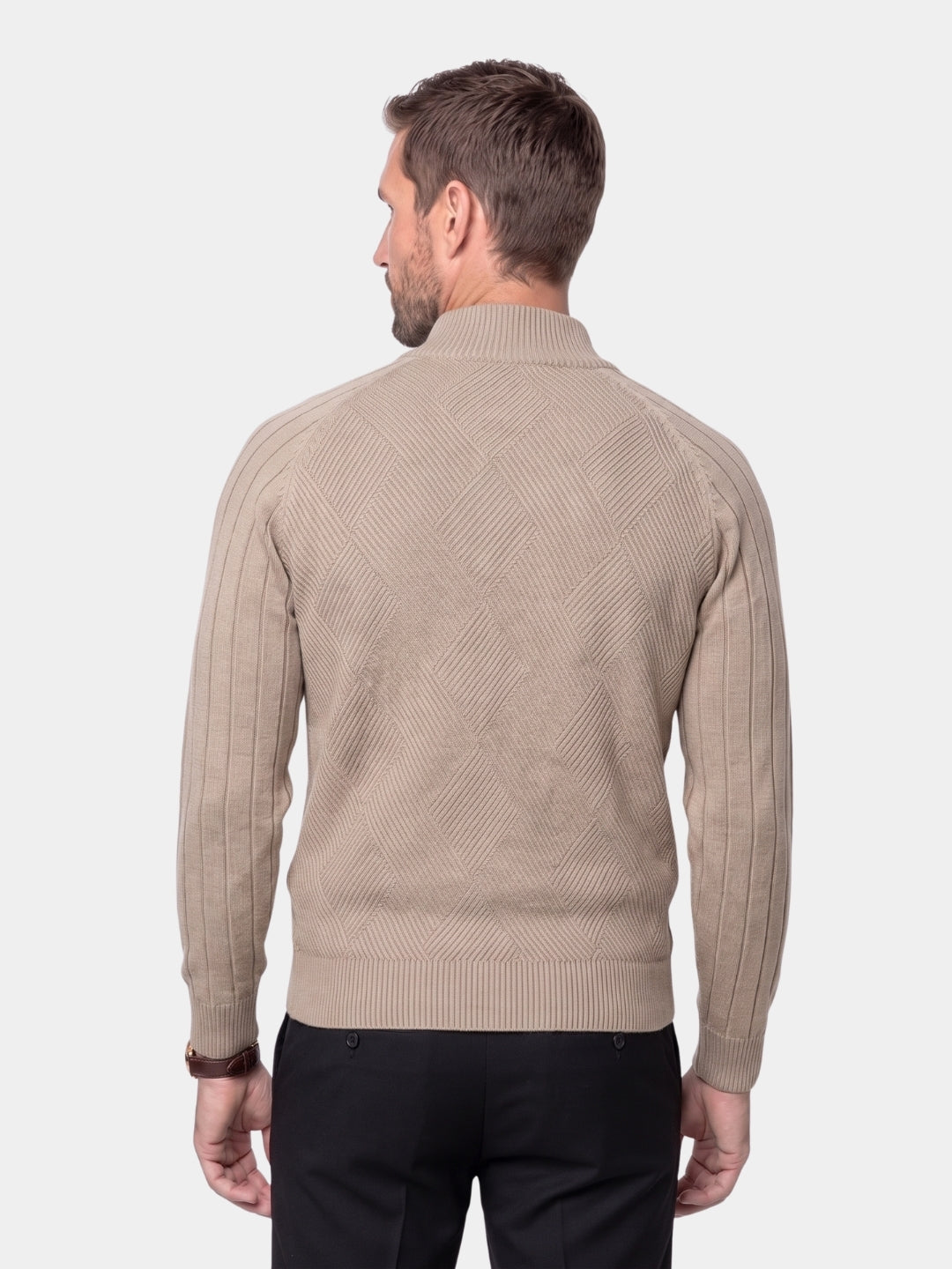 Back view of the khaki jacquard knit zip cardigan